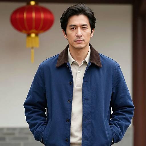 Photograph of an Asian man with black hair, wearing a navy blue jacket over a white shirt, standing in front of a red Chinese lantern.