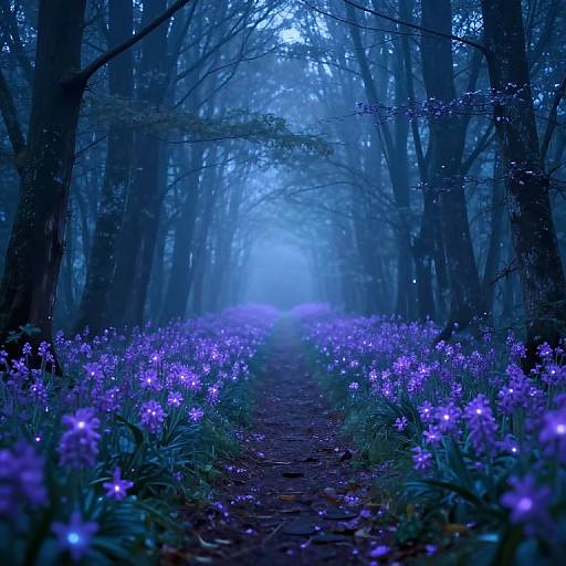 Magical forest path bathed in blue light, lined with glowing purple flowers, surrounded by towering, misty trees in a dreamy, ethereal
