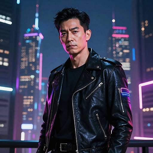 Photograph of a serious Asian man in a black leather jacket, standing against a neon-lit cityscape at night, with colorful skyscraper lights in