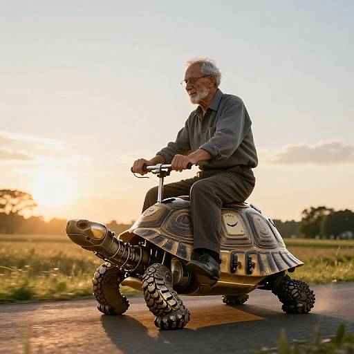 Photograph: Elderly man with gray beard rides a turtle-shaped scooter at sunset, wearing glasses and gray clothes, on a rural road.