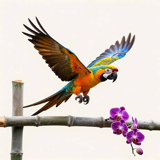 Vibrant macaw with orange, blue, and yellow feathers mid-flight above a bamboo perch with purple orchids, white background. Digital art.