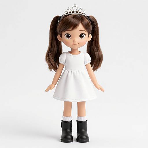 Photograph of a cute, cartoon-style doll with dark brown pigtails, wearing a white dress, black boots, white socks, and a silver