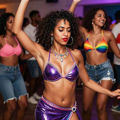 Photograph of a curvy Black woman with curly hair, wearing a shiny purple bikini top and matching skirt, dancing in a colorful, lively nightclub with
