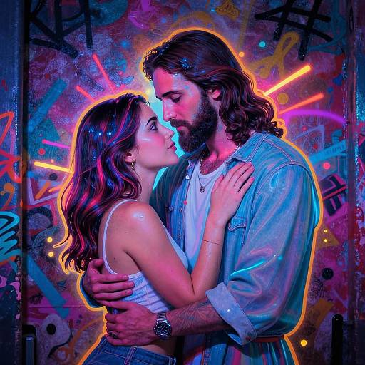 Neon Jesus Embracing Woman Street Art