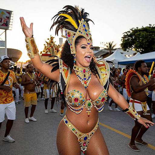 Photograph of a curvy, dark-skinned woman with large breasts, wearing an elaborate, colorful Carnival costume, dancing on a street at sunset,