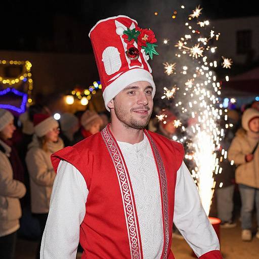 Photograph of a smiling man in a red and white festive outfit with a tall hat, standing in front of a sparkling Christmas tree, surrounded by a