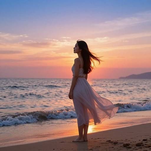 Silhouetted woman in a flowing white dress stands on a beach at sunset, waves gently touching the shore, vibrant sky glowing pink and orange.