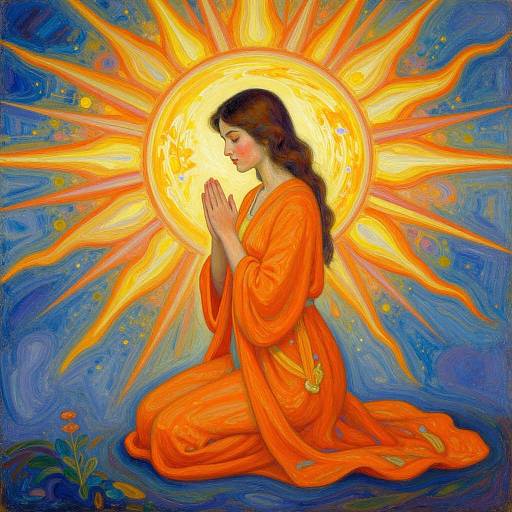 Digital painting of a serene, brown-haired woman in an orange robe, kneeling in prayer before a radiant, sun-like halo in a blue, starry