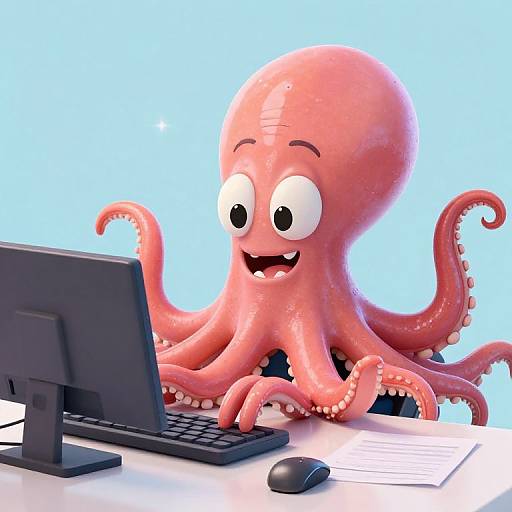 Cartoon pink octopus with large eyes and smiling mouth typing on a computer keyboard and mouse against a bright blue background.