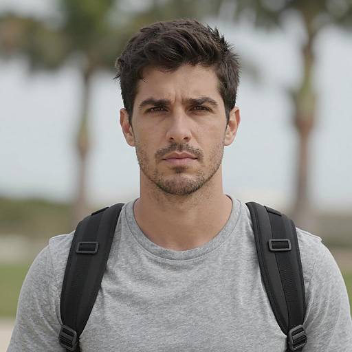 Serious man with backpack outdoors