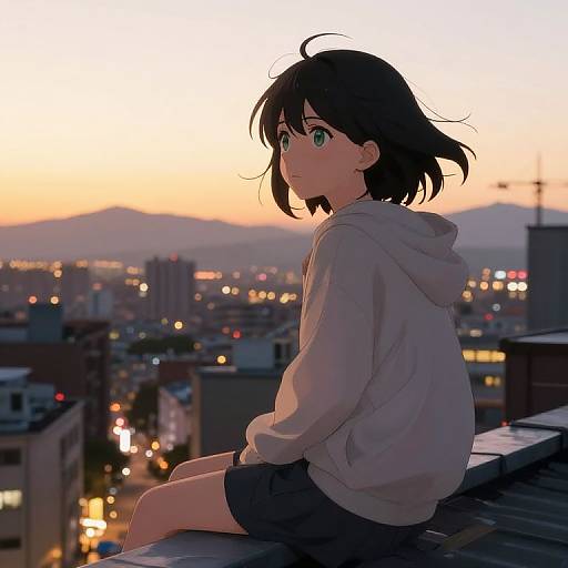 Anime Girl on Rooftop at Dusk
