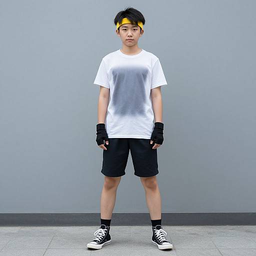 Photograph of an Asian teenage boy with short black hair, wearing a white t-shirt, black shorts, black fingerless gloves, black socks, and