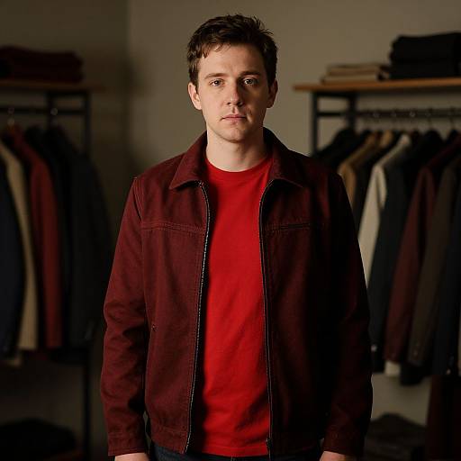 Photograph of a serious-looking young man with short dark hair, wearing a red shirt and dark red jacket, standing in front of a dimly lit