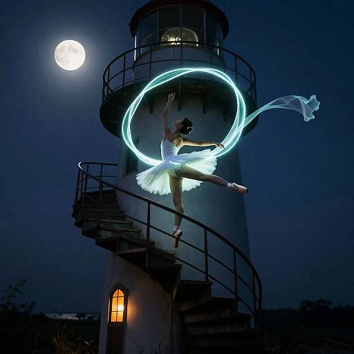 Ballerina on Glowing Lighthouse Staircase