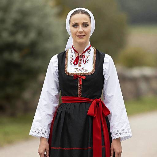 Woman in Traditional French Dress with Red Sash