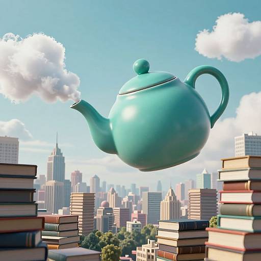 Enormous Teal Teapot Over Cityscape