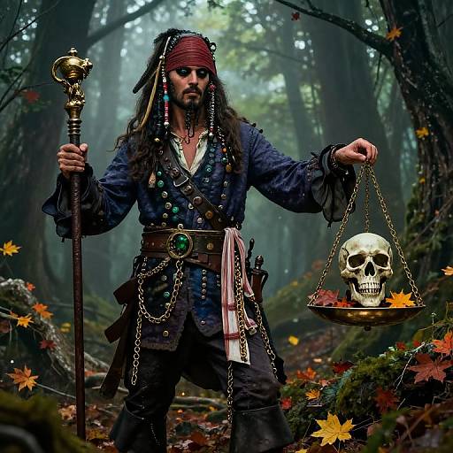 Pirate in a foggy forest, wearing a red headband, dark blue shirt, and chains, holding a skull on a balance scale, with