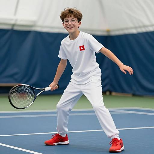 Photograph of a young boy with curly brown hair, glasses, and a smile, wearing a white tennis outfit and red sneakers, holding a racket on