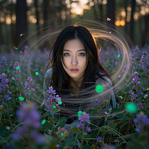 Photograph of an Asian woman with long black hair and blue eyes, surrounded by glowing green orbs and purple flowers in a forest at sunset, with a