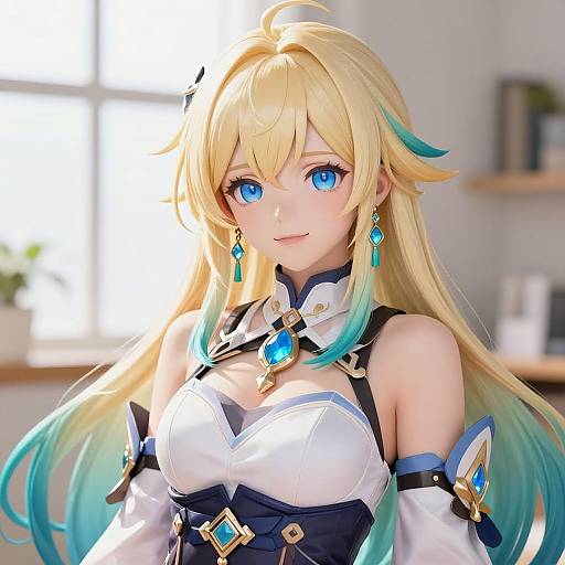 Digital anime-style portrait of a blonde woman with blue eyes, wearing a white and blue armored outfit with turquoise accents, standing in a sunlit room.