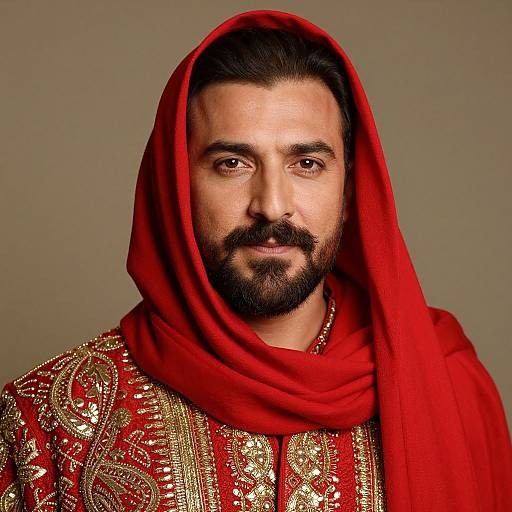 Charismatic Man in Red and Gold Attire