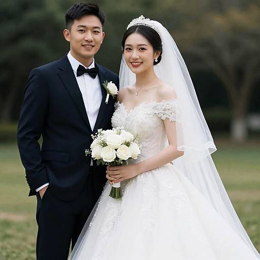 Photograph of an Asian couple on their wedding day; groom in black tuxedo, bride in white lace off-shoulder gown and veil,