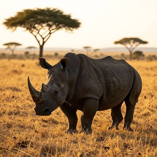 Photograph of a dark grey rhinoceros with prominent horn, standing in a golden grassy savanna at sunset, with acacia trees in