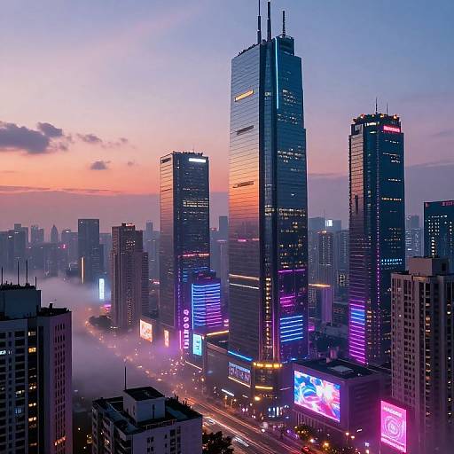 Photograph of a futuristic cityscape at dusk, featuring tall, illuminated skyscrapers with vibrant neon lights, a misty street below, and a