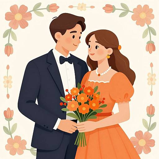 Cartoon-style digital illustration of a smiling couple; man in black tuxedo, woman in orange dress holding orange flower bouquet, surrounded by pink flowers