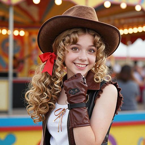 Photograph of a smiling young woman with curly blonde hair, wearing a brown hat, red bow, brown gloves, and sleeveless black vest, against