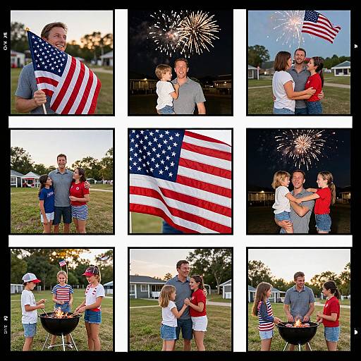 Photograph collage: Family with American flag, fireworks, and BBQ, wearing patriotic clothes, in suburban backyard at sunset, celebrating.