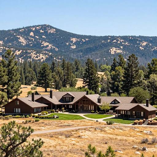 Photograph of a rustic, wooden mountain house with multiple gabled roofs, surrounded by pine trees and set against a backdrop of rocky, forested hills