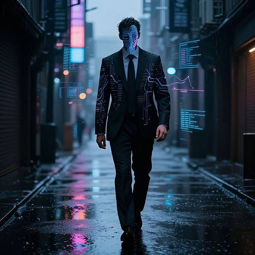 AI-Responsive Black Suit in Cyberpunk Alley
