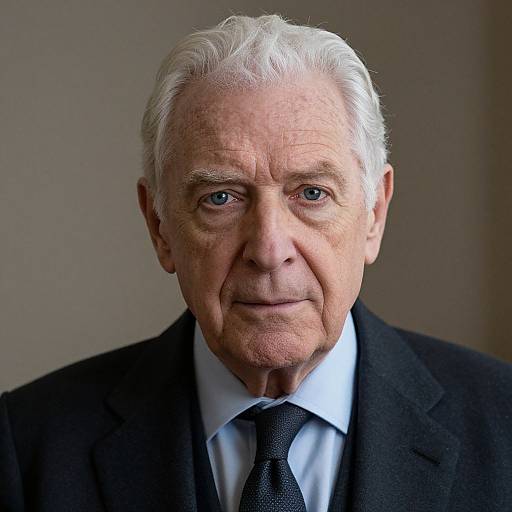 Photograph of an elderly Caucasian man with white hair, blue eyes, and wrinkles, wearing a black suit, white shirt, and black tie, against