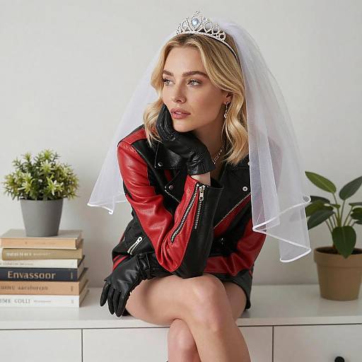 Blonde Woman in Leather Jacket and Tiara
