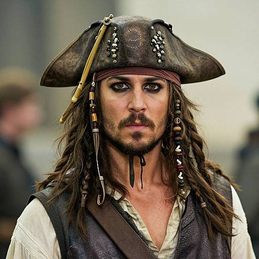 Photograph of a rugged, brown-haired man with a mustache, wearing a weathered pirate hat adorned with beads and a brown vest over a white