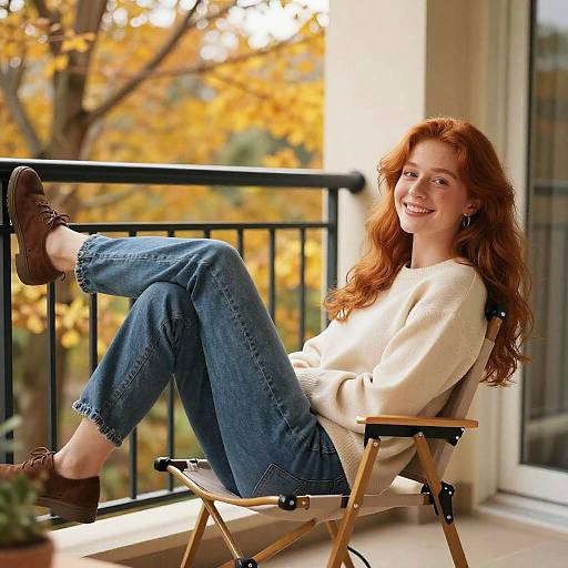 Photograph of a smiling redheaded woman with wavy hair, wearing a white sweater and blue jeans, lounging on a balcony chair with autumn leaves