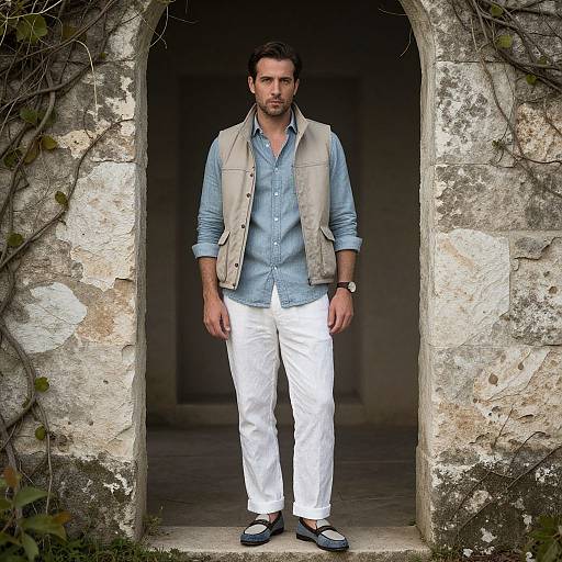 Photograph of a bearded man with short brown hair, wearing a light blue shirt, beige vest, white pants, and black loafers, standing