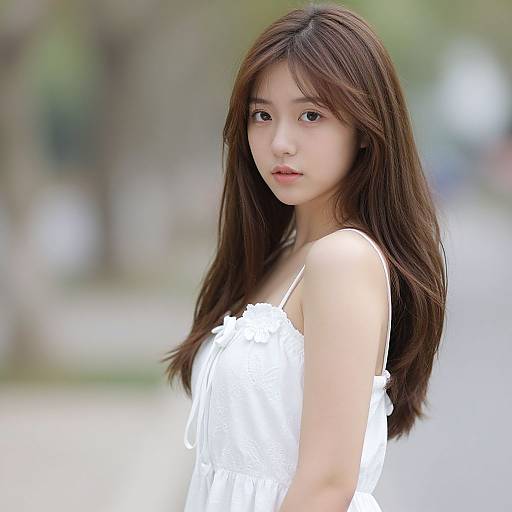 Photograph of an Asian woman with long brown hair, wearing a white, sleeveless, frilled dress, standing outdoors with a blurred, green park