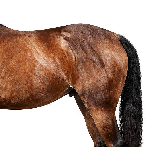 Photograph of a brown horse's side profile, showcasing its glossy, dappled coat and long, black mane against a pure white background.