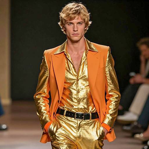 Male Model in Metallic Gold and Orange Disco Suit