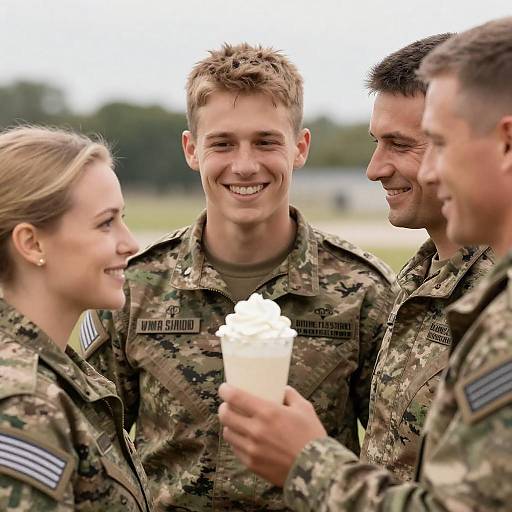 Smiling Soldiers Sharing Drink Outdoors