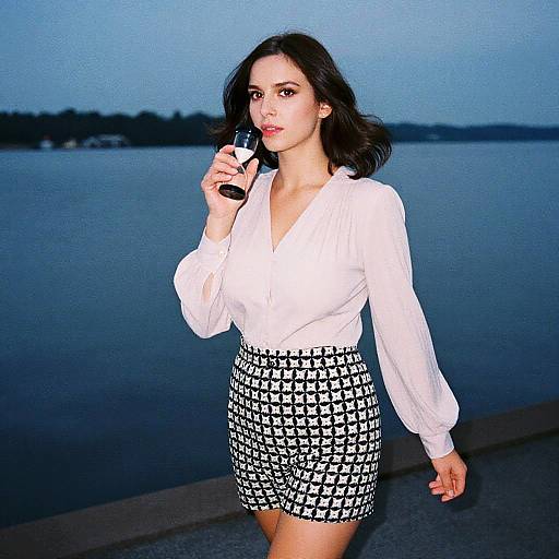 Photograph of a brunette woman with fair skin, wearing a white blouse and black checkered skirt, holding a phone, standing by a twilight waterfront.