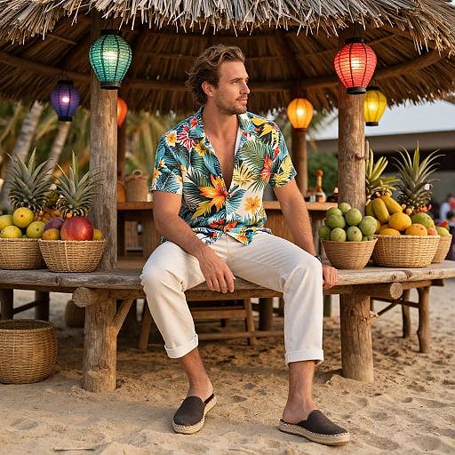 Photograph of a handsome, sandy-haired man in a colorful Hawaiian shirt, white pants, and black flip-flops, sitting under a thatched beach