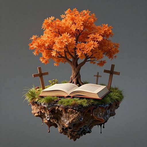 Digital artwork: An orange-leaved tree with three crosses, an open book, and grass on a floating rocky island against a gray background.