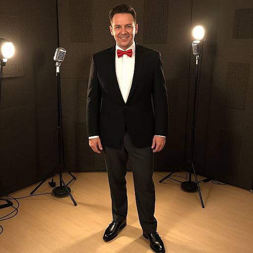 Smiling man in black tuxedo with red bow tie, white shirt, stands in front of two lit microphones, wooden floor, black acoustic