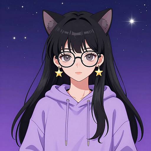 Digital anime-style portrait of a girl with black cat ears, long black hair, glasses, star earrings, and a purple hoodie against a starry night