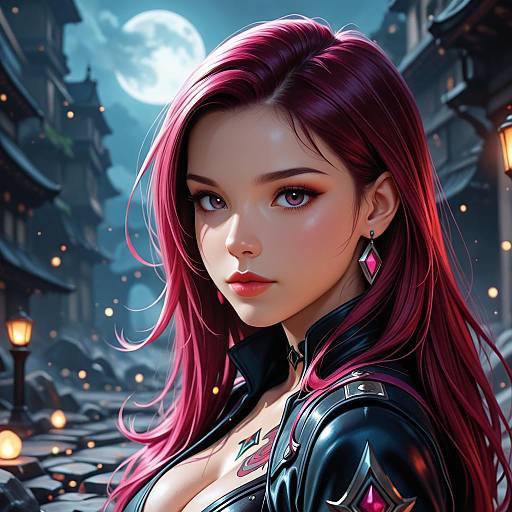 Digital artwork of a stunning, fair-skinned woman with long, pink hair, wearing a black leather jacket, standing in a moonlit, cobble