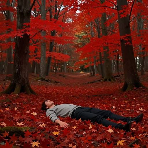 Photograph: Man in gray shirt and black pants lies on vibrant red autumn leaves in a forest, surrounded by towering trees with striking red foliage.