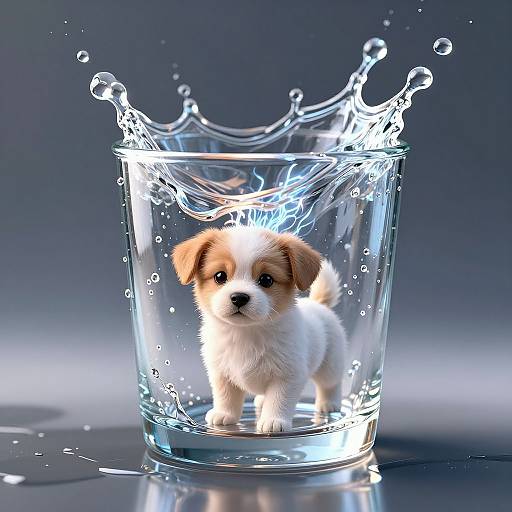 Adorable, fluffy white and brown puppy splashes into a clear glass, creating an elegant water droplet crown. Photorealistic CGI.